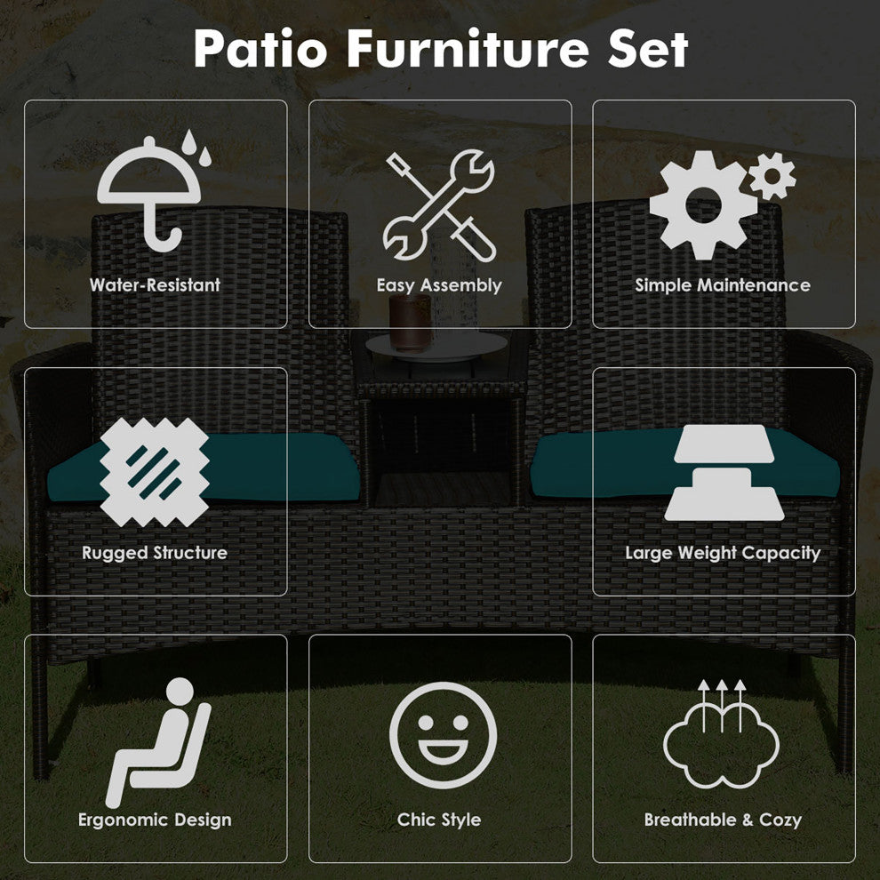 Costway Patio Rattan Loveseat Sofa Cushioned Coffee Table Turquoise