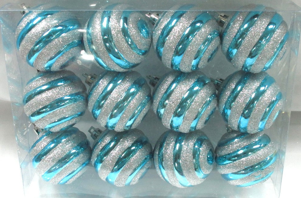Aqua Ball Ornament With Silver Glitter Line Design, 12-Pack
