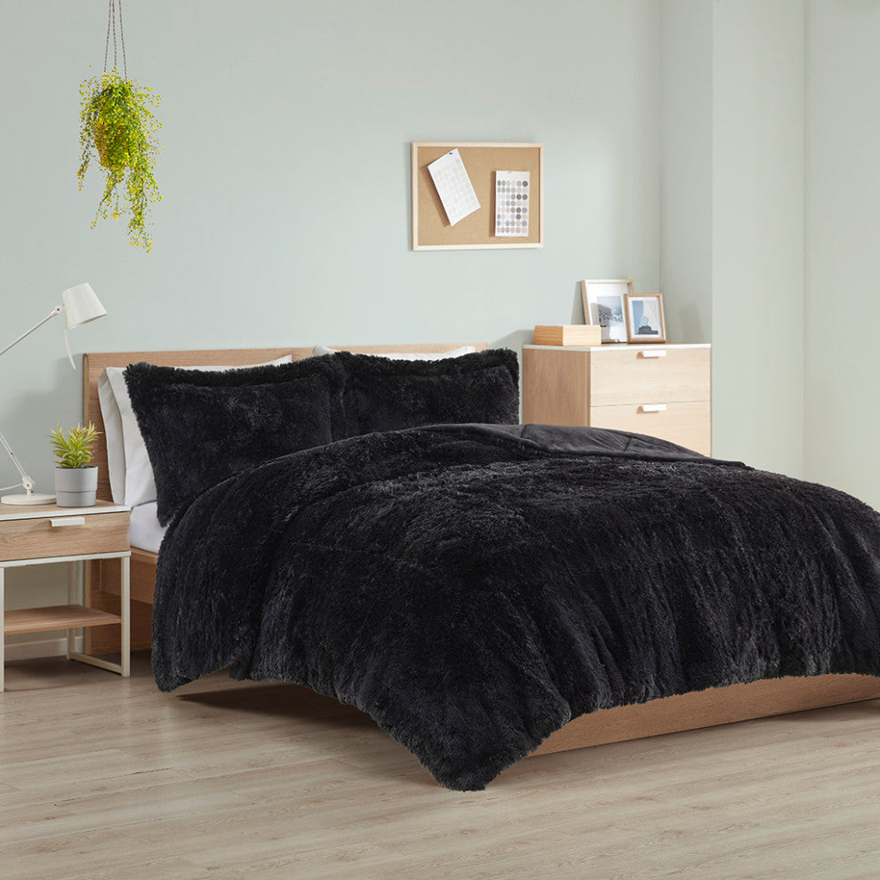Intelligent Design Malea Shaggy Long Fur Comforter Mini Set, Black