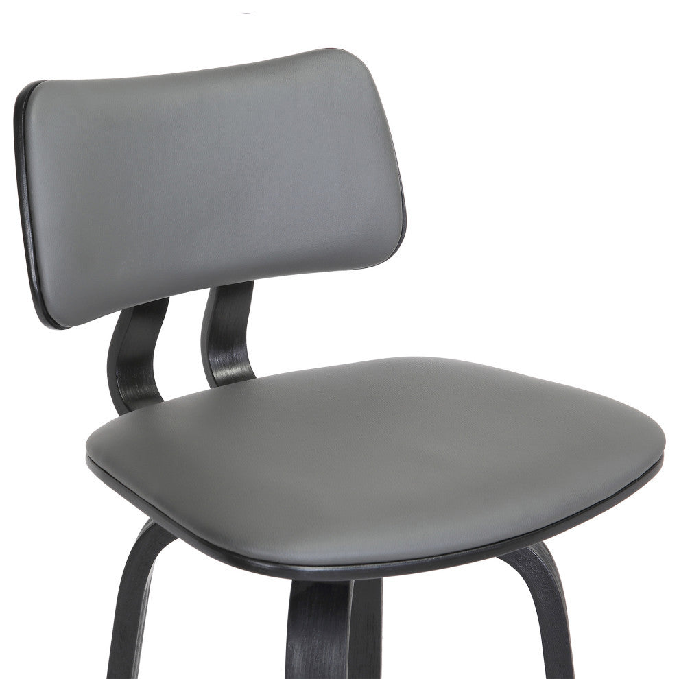Pico 26" Swivel Black Wood Counter Stool in Gray Faux Leather with Black Metal, 30