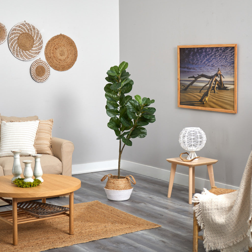 4.5' Fiddle Leaf Fig Faux Tree With Boho Chic Handmade Cotton & Jute Planter