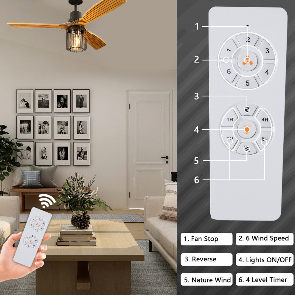 52" 3-Blade Chandelier Ceiling Fan, Remote Control and Light Kit, Brown