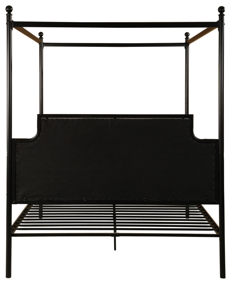 Asa Queen Size Iron Canopy Bed With Upholstered Studded Headboard, Gray, Flat Bl