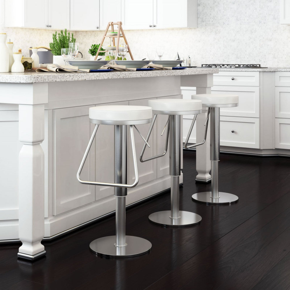 Bar Stool Chair Barstool, Faux Vinyl Leather, Steel, White, Silver, Cafe Bistro