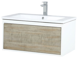 Scopi 30 Rustic Acacia Vanity, Acrylic Top With Sink, Rose Gold Faucet Set