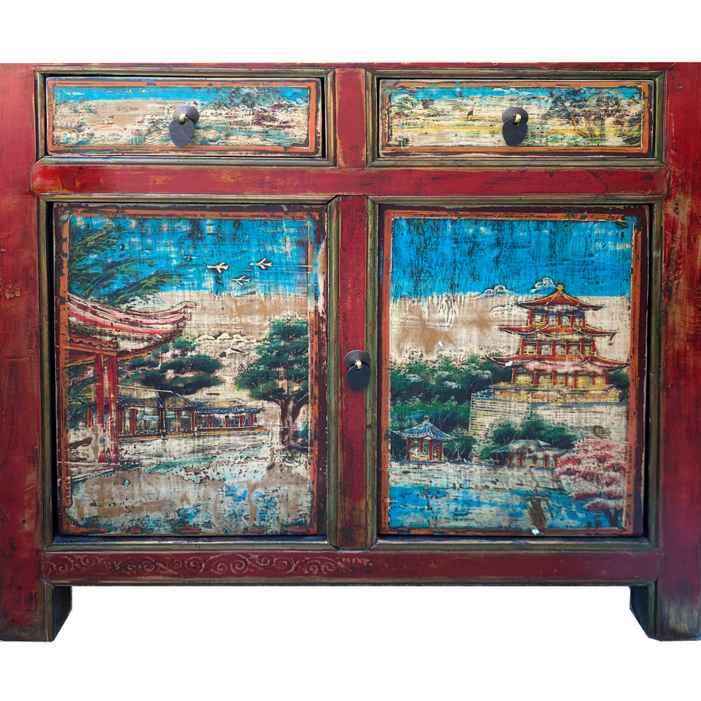 Chinese Distressed Red Blue Old Scenery Graphic Credenza Cabinet Hcs7393