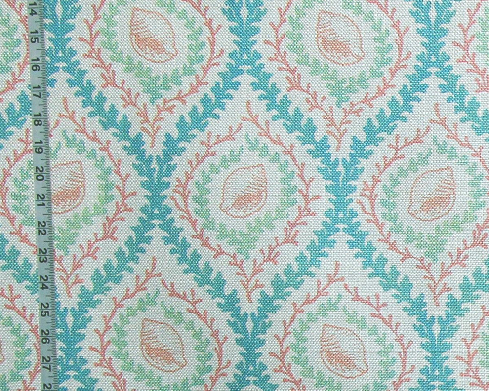 Pink Seashell Fabric Coral Green Blue Ocean Trellis Upholstery Material, Sample