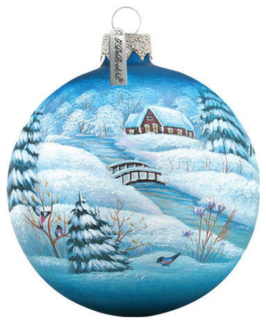 Hand Painted Scenic Glass Ornament Winter Village Ball