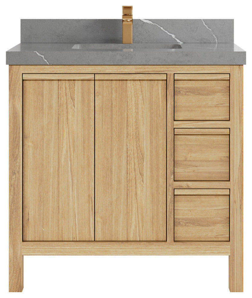 Elizabeth 36 Center Sink Bath Vanity in Light Natural Teak 2" Piatra Gray