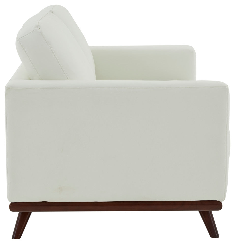 LeisureMod Chester Modern Leather Loveseat With Birch Wood Base, White