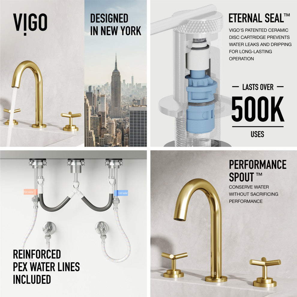VIGO Jewel 9" H 2-Handle Widespread Bathroom Faucet, Matte Brushed Gold