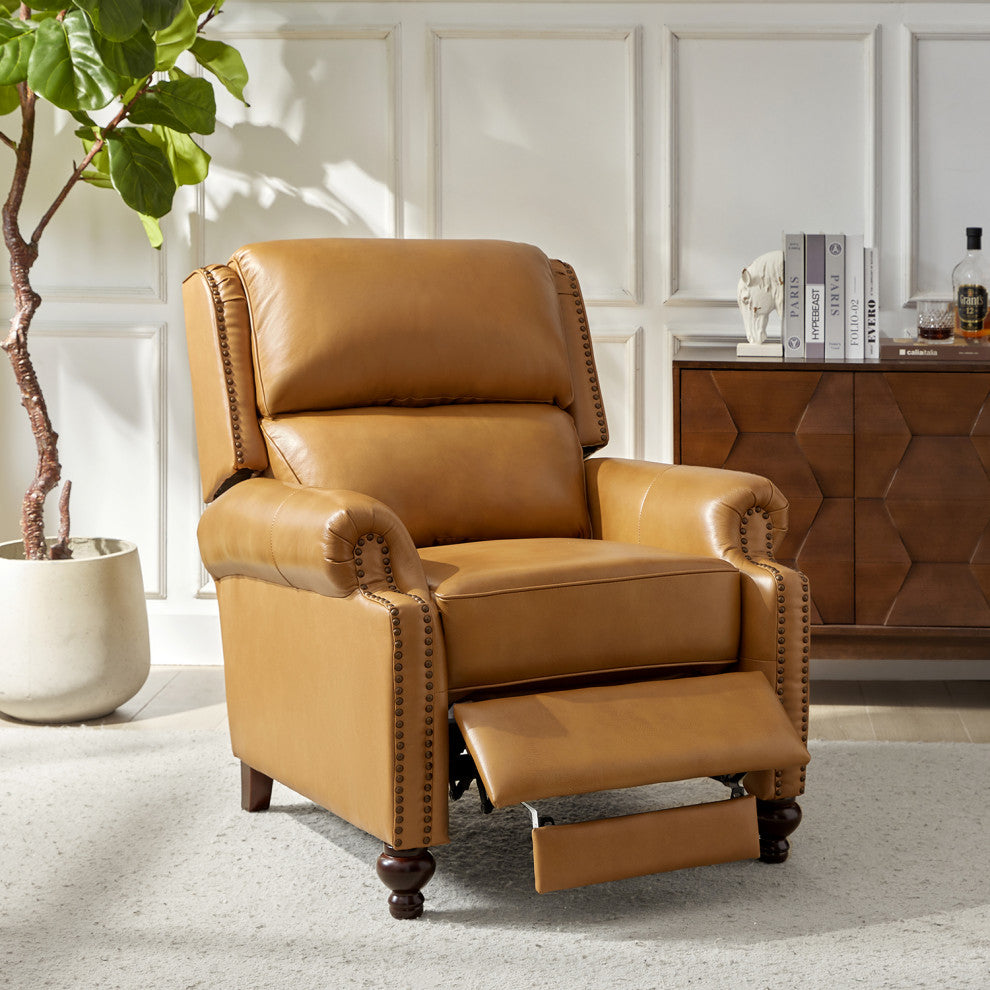 Genuine Leather Cigar Recliner With Nail Head Trim, Camel