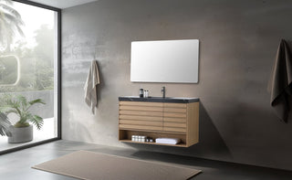 Matera Wall Mount Modern Bathroom Vanity, Pecan Oak, 48", Black Countertop