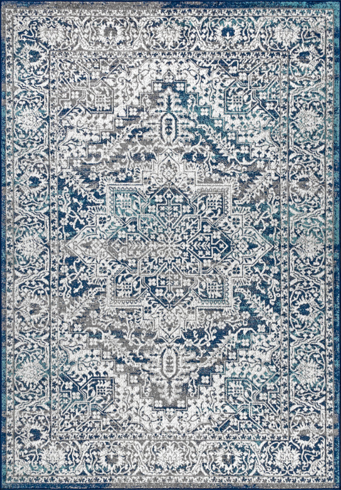 Modern Persian Vintage Medallion Area Rug, Blue, 10 X 14