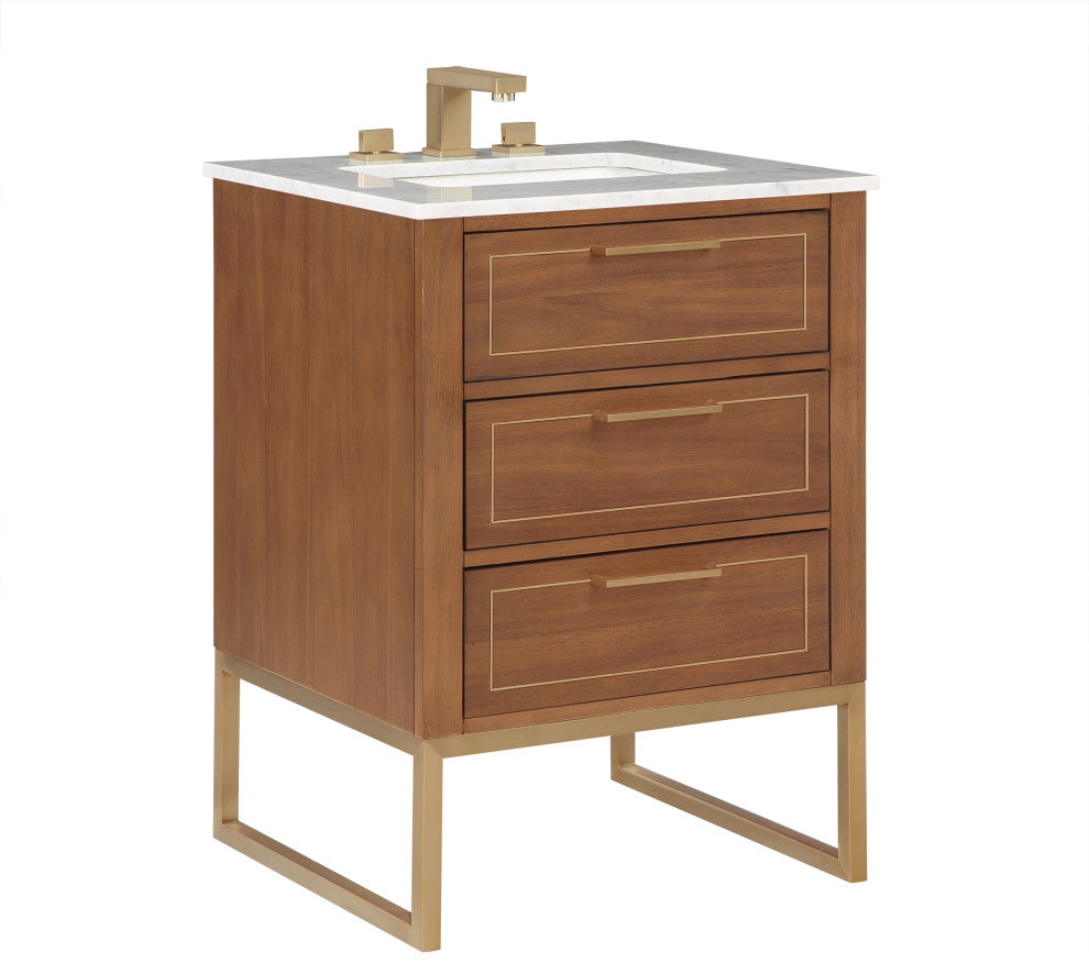 Markham 24" Single Bathroom Vanity Set, Walnut/Satin Brass, Marble Countertop
