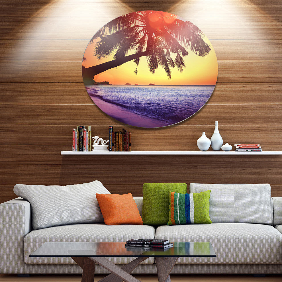 Beach With Silhouettes Of Palms, Seashore Large Disc Metal Artwork, 11"