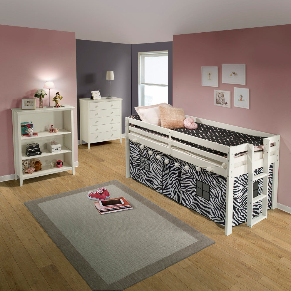 Jasper Twin Junior Loft Bed, White Frame, Zebra Bottom Playhouse Tent