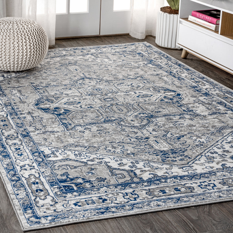 Modern Persian Vintage Medallion Light Grey/Navy 5' x 8' Area Rug