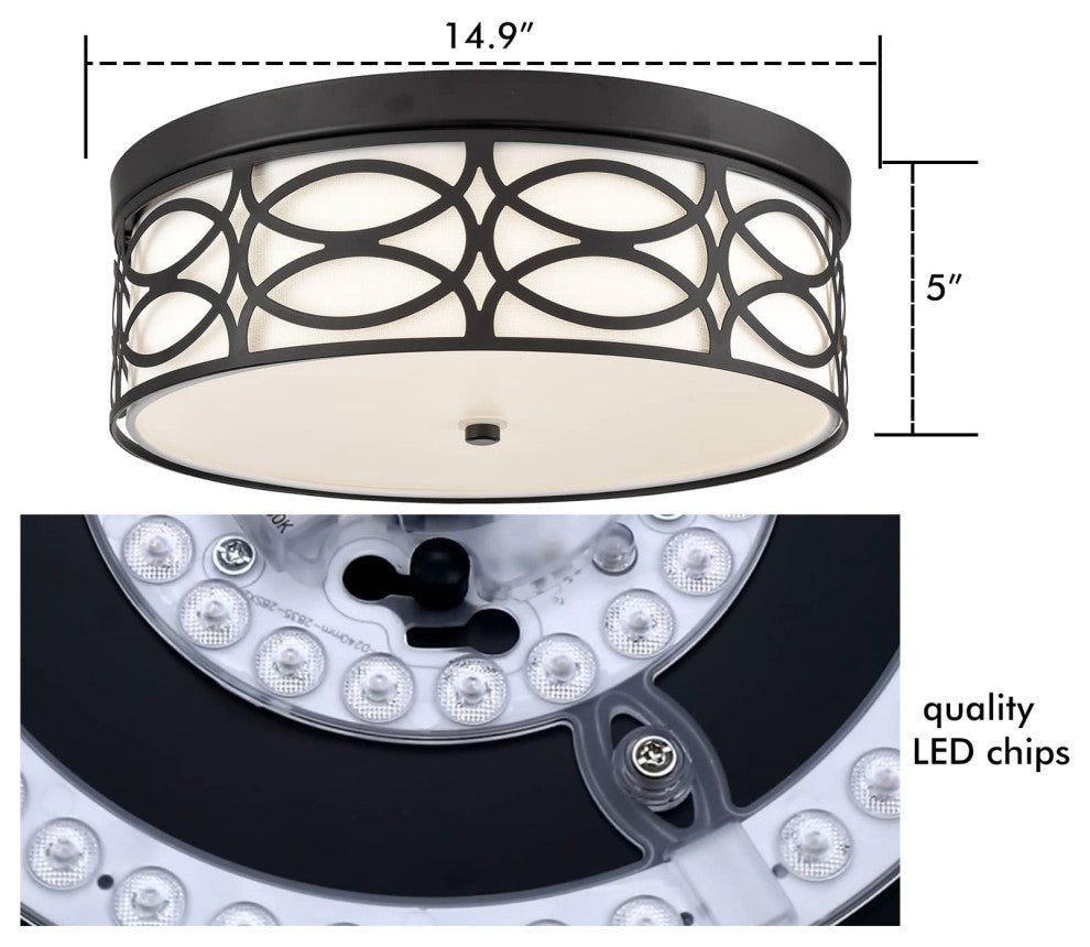 Modern Dimmable LED Flush Mount Ceiling Light Black Linen Drum Shade