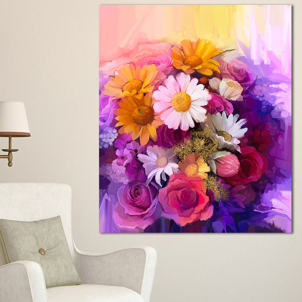 Colorful Bouquet of Different Flowers, Floral Canvas Art Print, 12"x20"