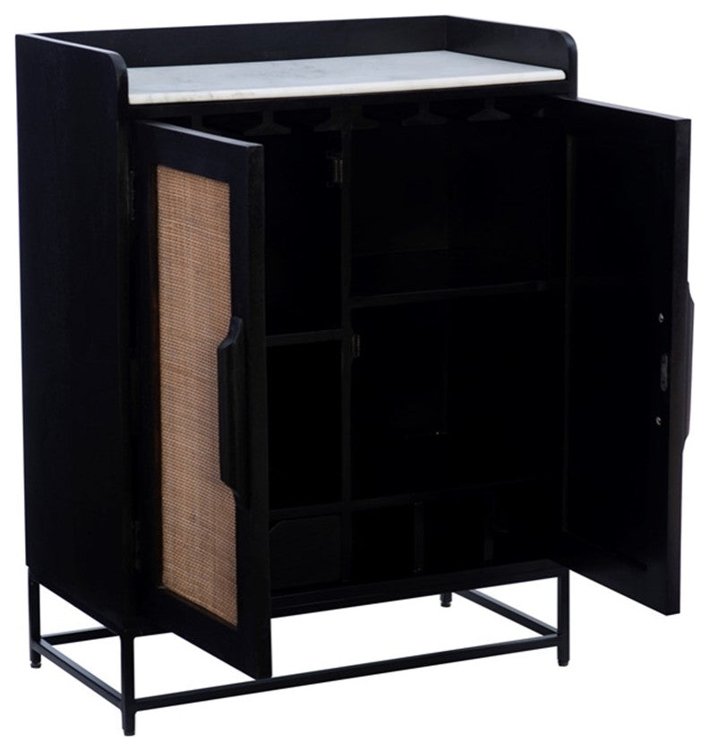 Linon Josie Bar Cabinet White Marble Top Cane Panel Doors in Black Wood