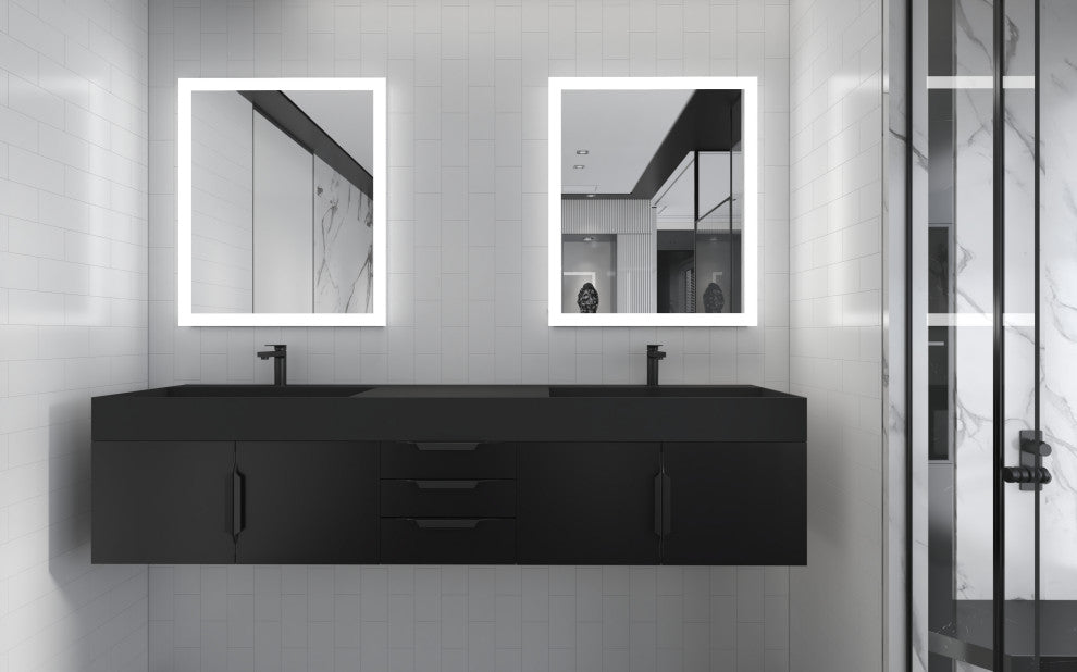 CastelloUSA Amazon 84" Wall Mounted Bathroom Vanity Set, Black, Black Top, Black Handles