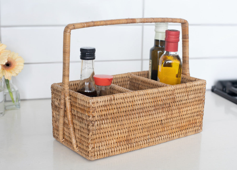 Artifacts Rattan™ 3 Section Caddy/Cutlery Holder with Handle, Honey Brown