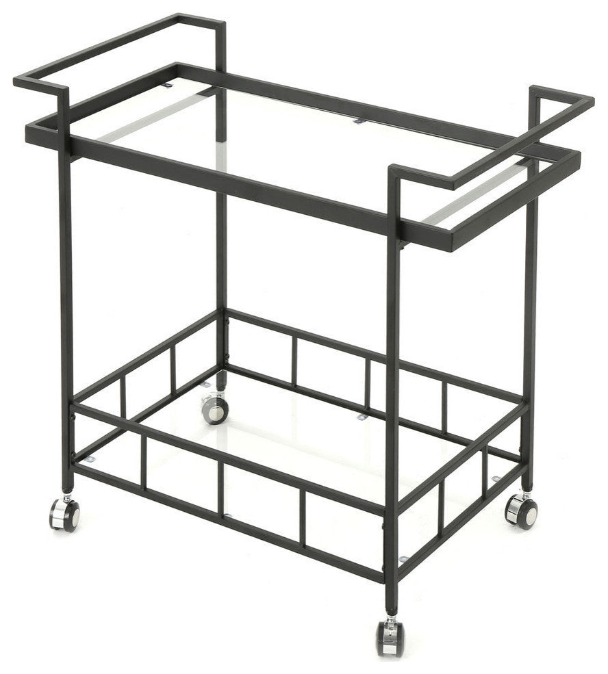 GDF Studio Selma Outdoor Black Powder Coated Iron Bar Cart With Tempered Glass