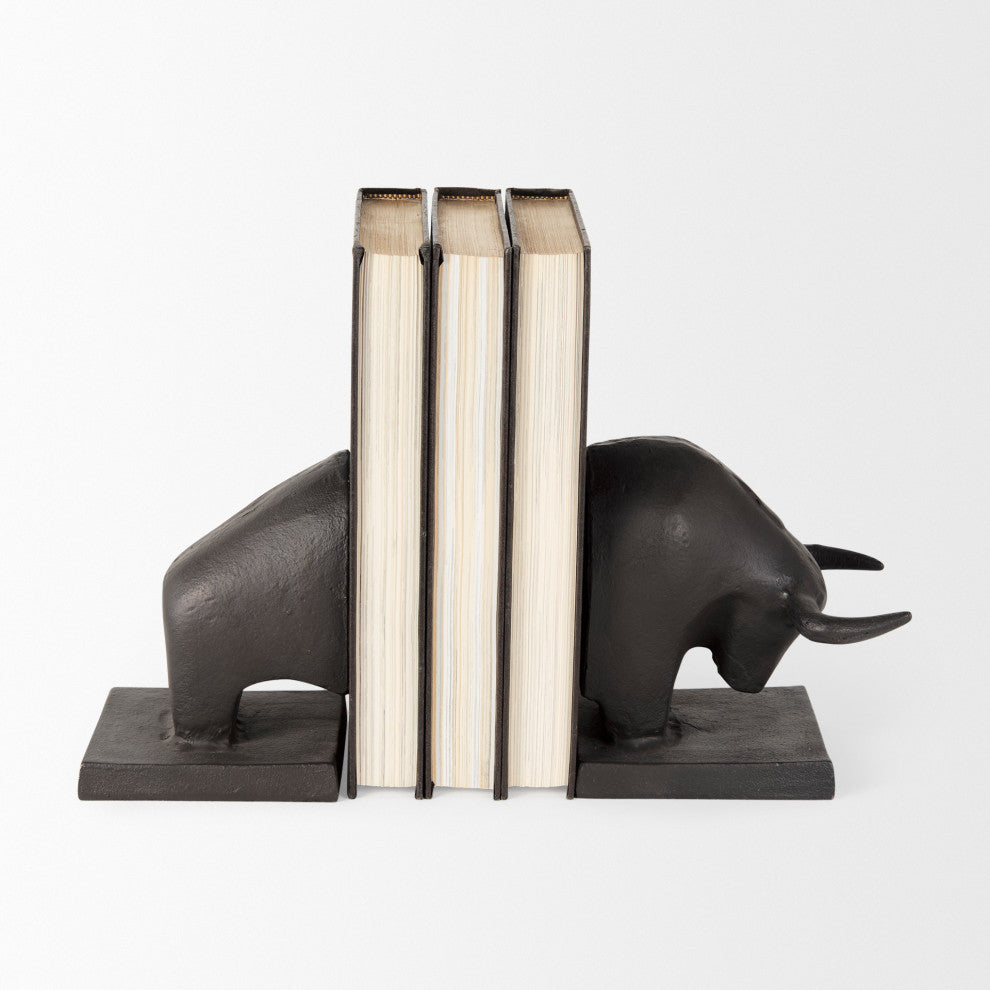 Tauro III, 2-Piece Set, 10Lx5W Black Cast Aluminum Raging Bull Bookends