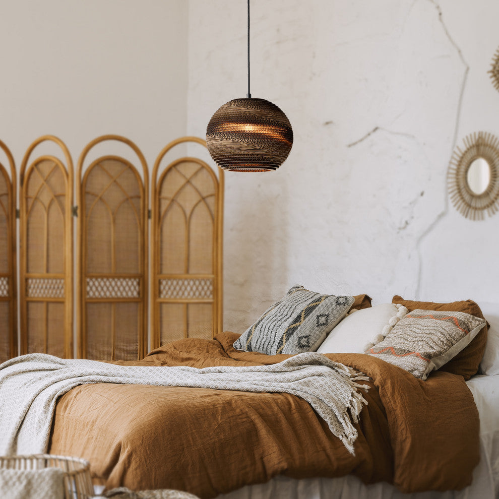 1-light Brown Natural Pendant Light With Nordic Style Globe Cardboard Shade