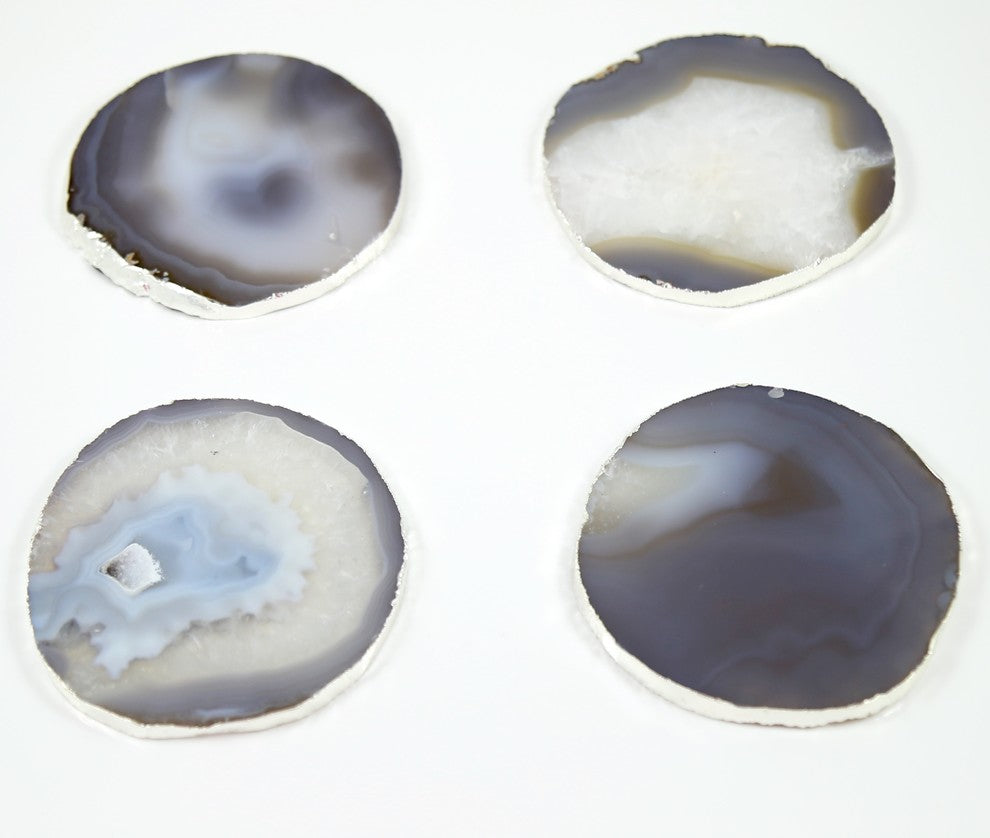 Gray Agate Coaster Set--Silver Plated