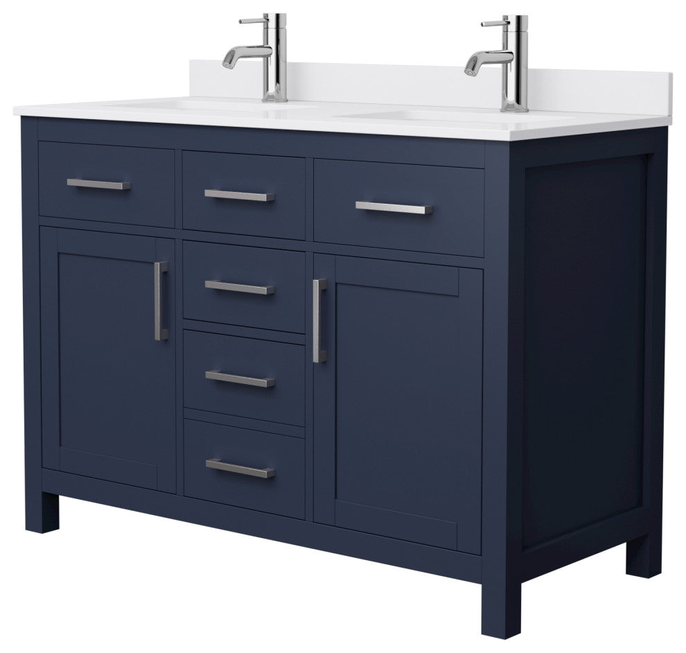 48"DBL Vanity Dark Blue, White Cult. Marble Countertop, Sinks, Nickel Trim