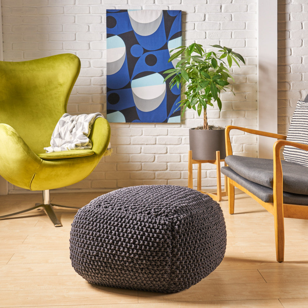GDF Studio Joyce Knitted Cotton Square Pouf, Dark Gray