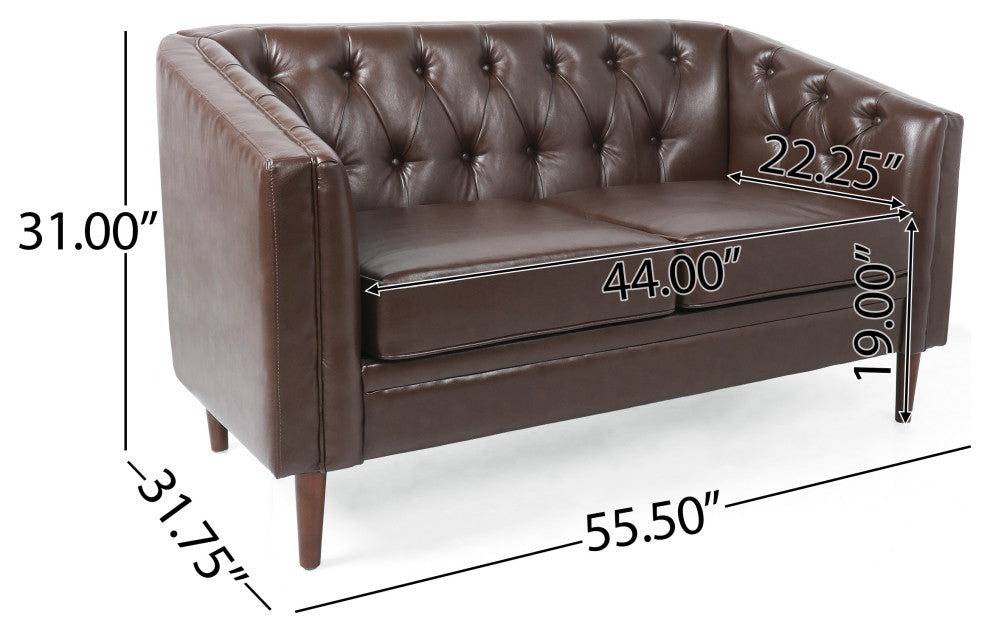Jelm Contemporary Tufted Loveseat, Dark Brown, Pu + Birch