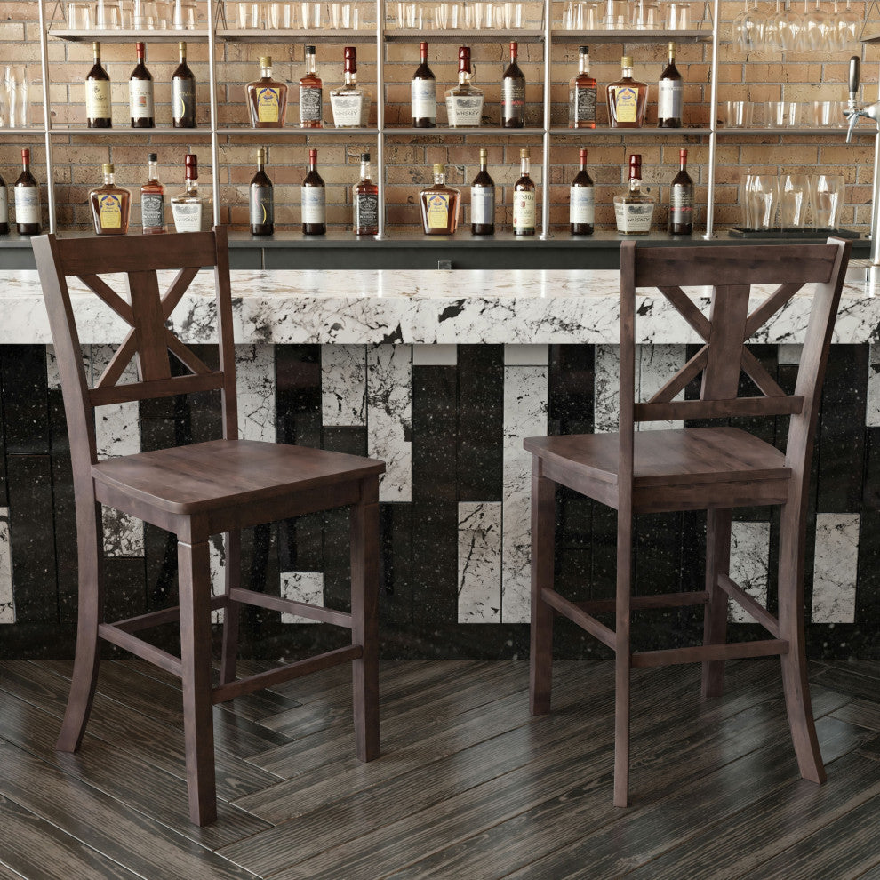 Set of 2 24" High Solid Wood Farmhouse Counter Height Barstools, Gray Wash Walnut