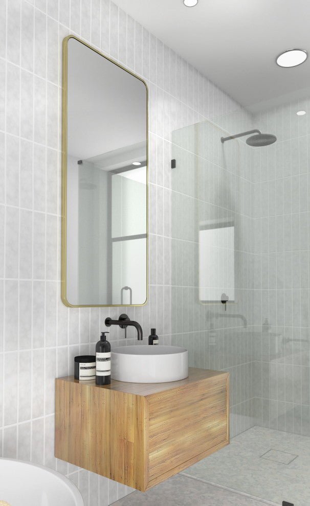 22" W X 48" H Radius Corner Stainless Steel Framed Mirror, Satin Brass