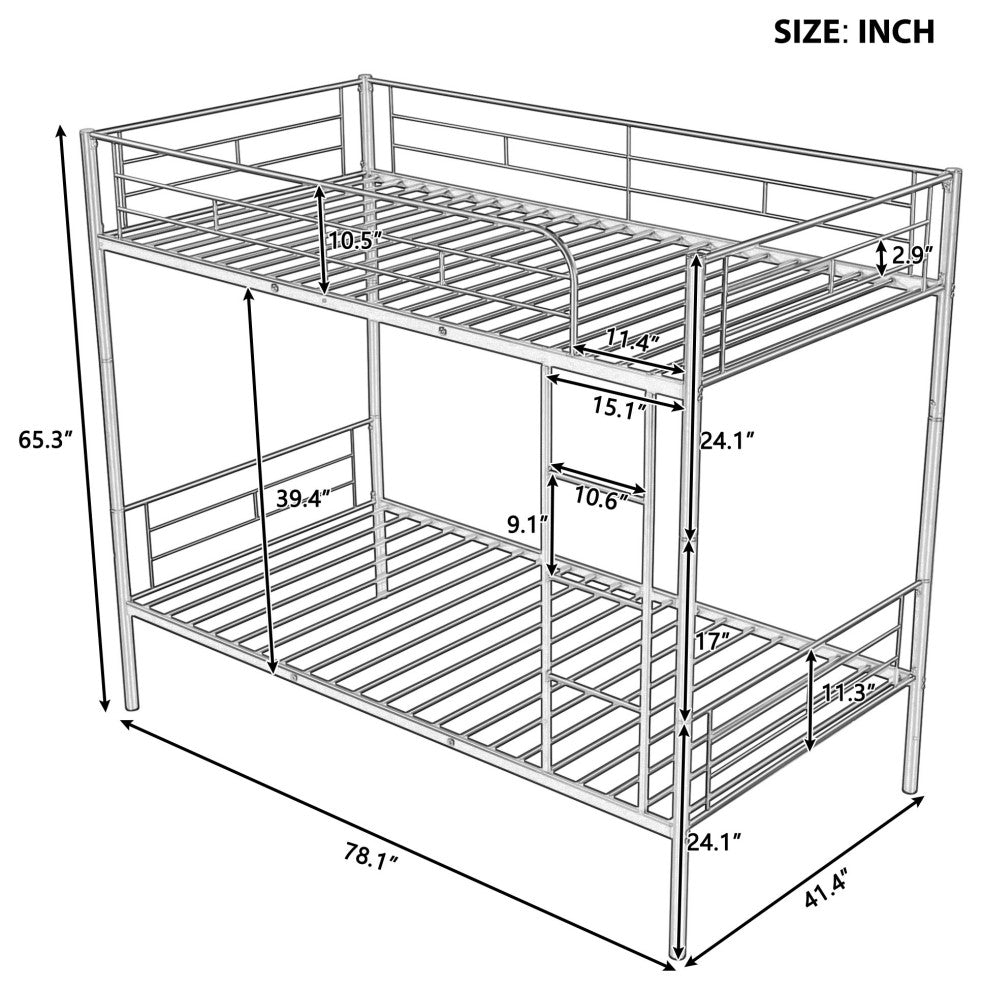 Gewnee Twin Over Twin Metal Bunk Bed with Ladder in Silver