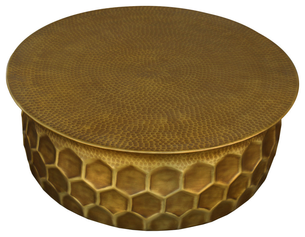 Benzara UPT-272882 Industrial Hammered Brass Round Coffee Table, Antique Brass