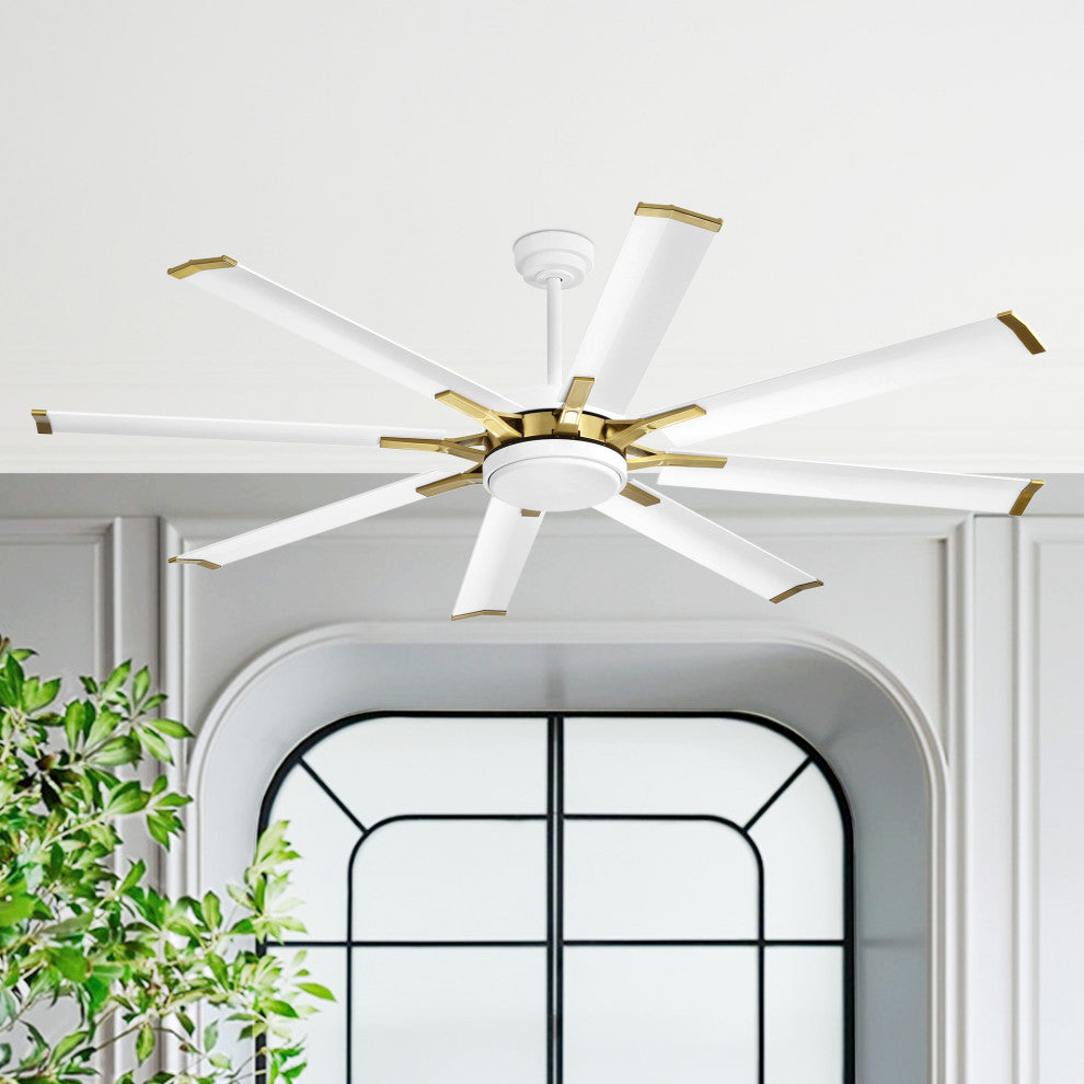 Modern Industrial 8-blade DC Motor Ceiling Fan with Remote Control, White/Gold, 72", Without Light