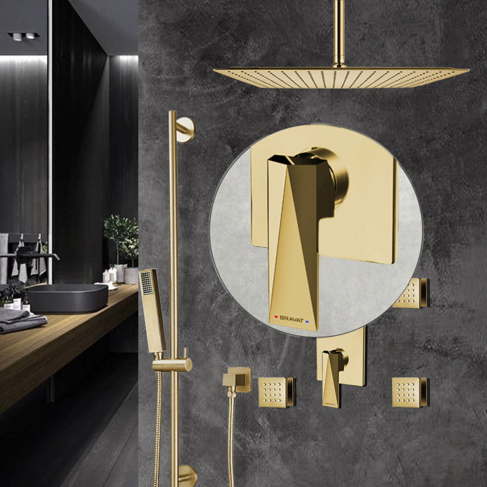 Bravat Brushed Gold Square Shower Set, Valve Mixer 3-Way Concealed Ceiling Mount