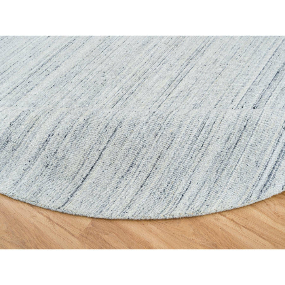 Ivory Hand Loomed Plain Modern Striae Design Pure Wool Round Rug 10'x1