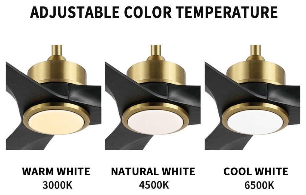 52" Solid Wood 3-Blade LED Ceiling Fan with Remote Control and Light Kit, Gold/Black