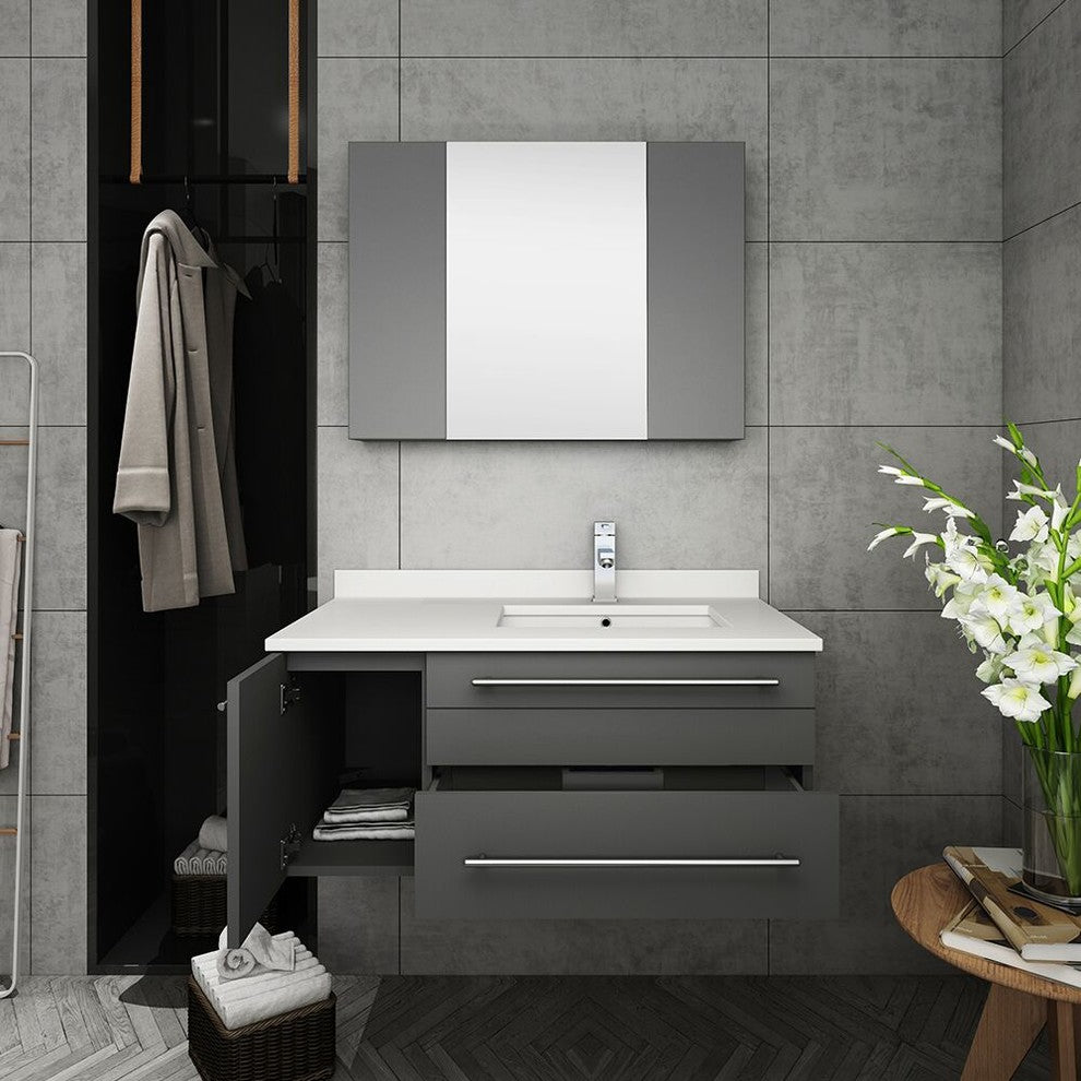 Fresca Lucera 36" Wall Hung Bathroom Vanity With Medicine Cabinet, Gray
