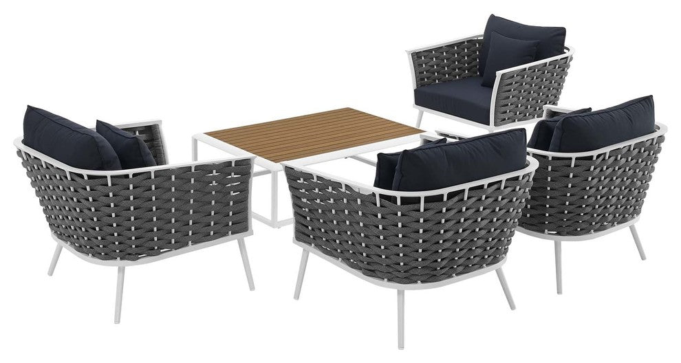 Stance 5 Piece Outdoor Patio Aluminum Sectional Sofa Set, White Navy