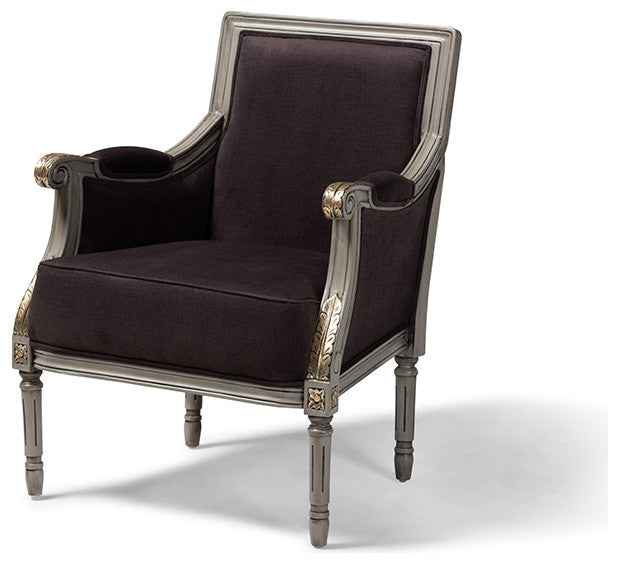 Georgette French Inspired Brown Velvet Gray Armchair With Goldleaf Detailing