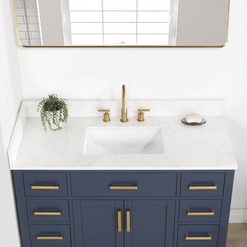 Gavino Vanity With Grain White Composite Stone Top, Royal Blue/Brushed Gold, 48", No Mirror