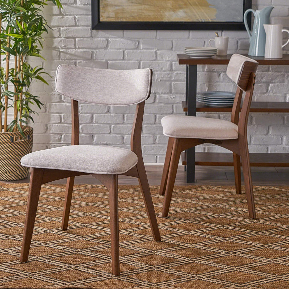 Mid-Century Modern Dining Chairs with Rubberwood 2-Pcs Set, Light Beige