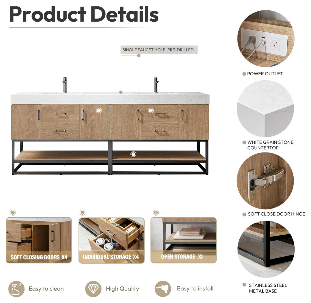 Alistair Vanity, North American Oak, Matte Black Hardware, 84", With Mirror