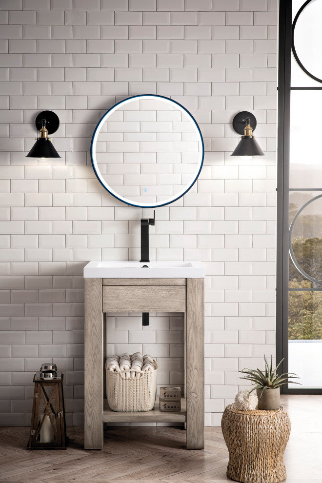 Brooklyn 24" Wooden Sink Console, Platinum Ash, White Glossy Resin Countertop