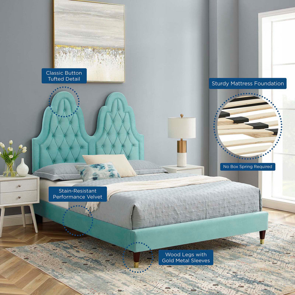 Tufted Platform Bed Frame, Twin Size, Velvet, Blue, Modern Contemporary, Bedroom